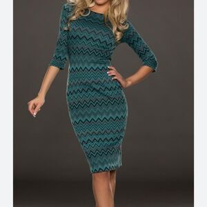 Bodycon Dress Knit Stretchy Green Gray Geometric Slim Fit Size M Midi Back Slit